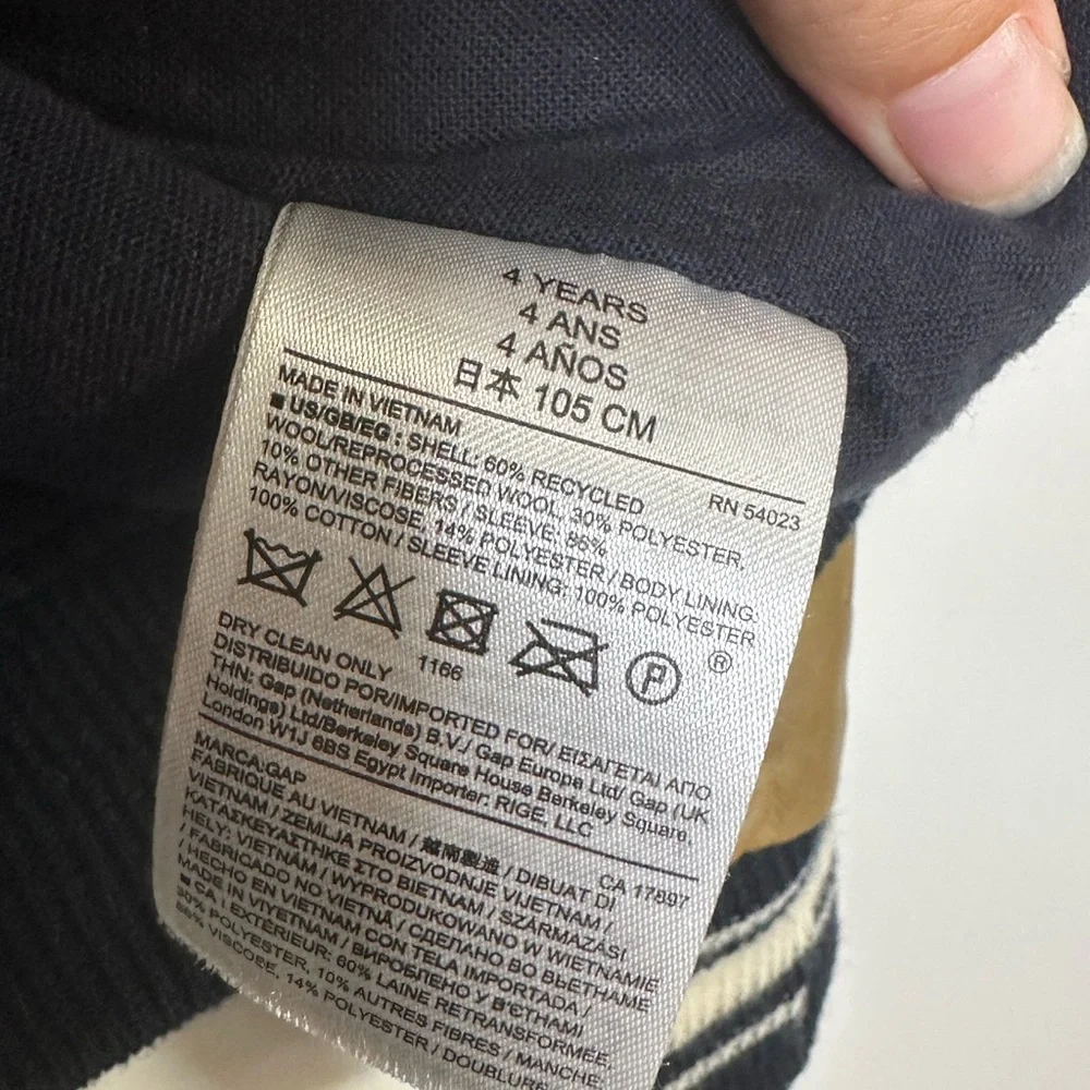 Gap Navy Blue Tan Varsity‎ Jacket Wool Buttoned Size 4 Years